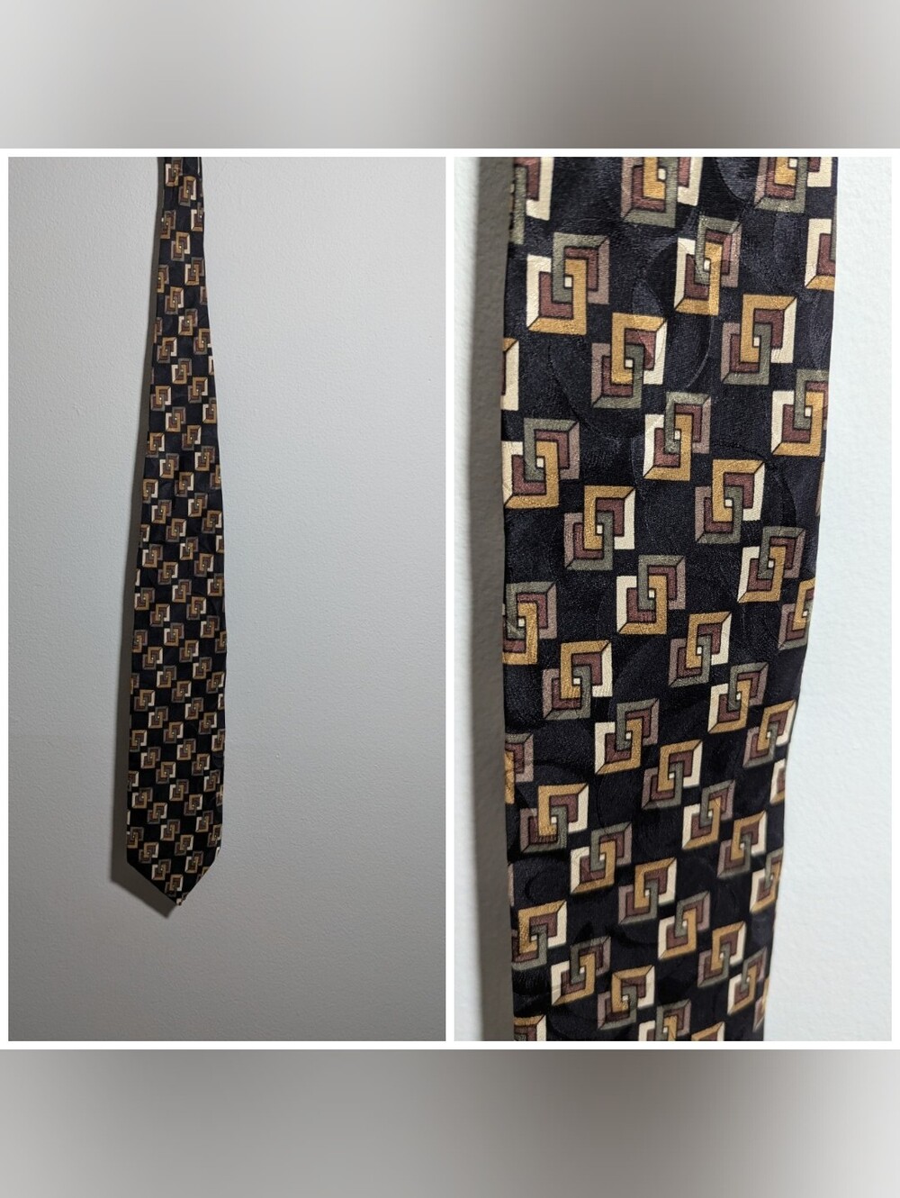 Vintage Pierre Balmain Tie Mens Black Brown Geometric Interlock Square 100% Silk